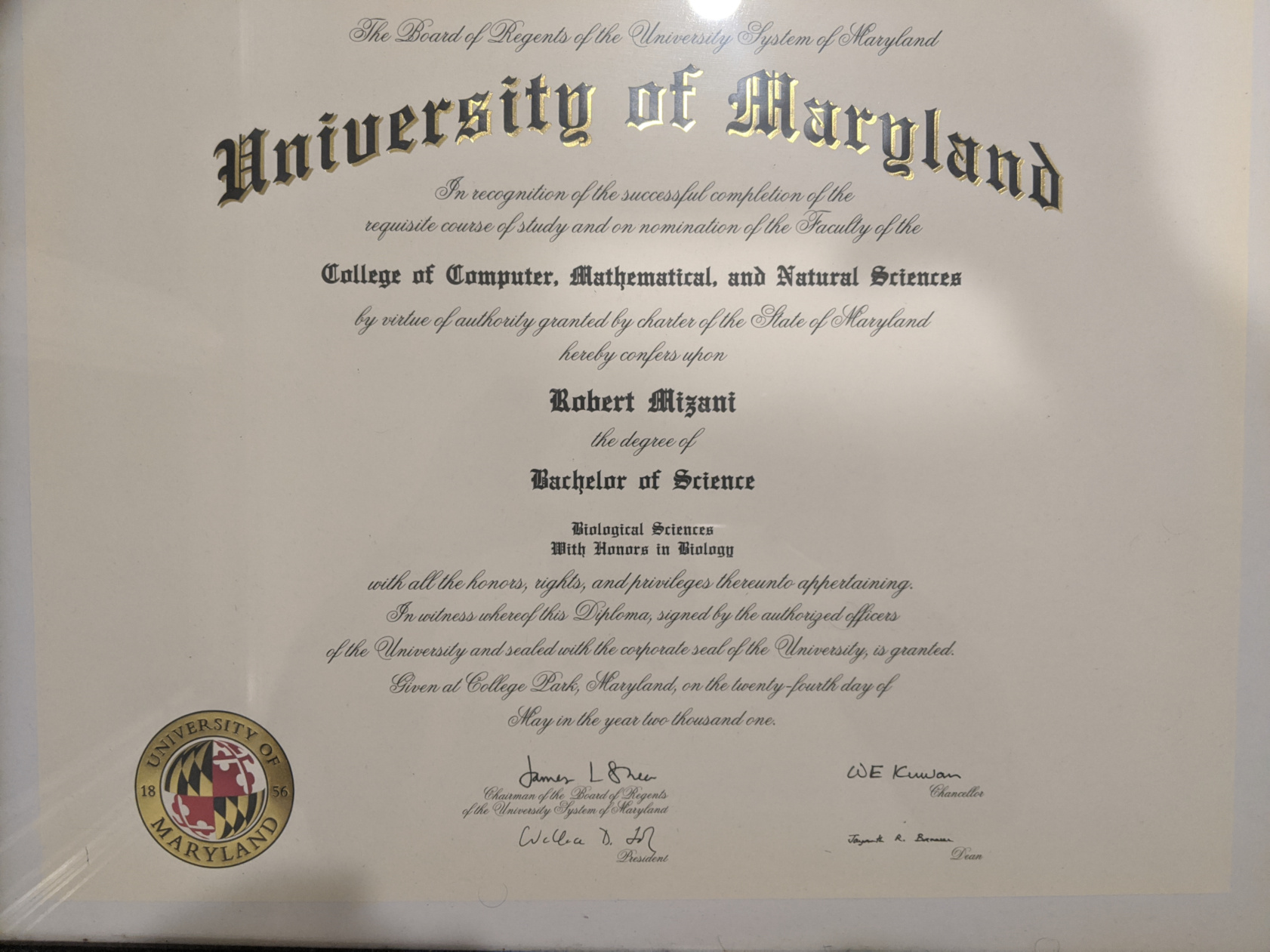 University of Maryland, College Park, MD Bachelor's in Science Honors Biology